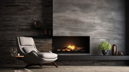 Modern room concept interior style, chair fireplace frame wicker carpet decoration