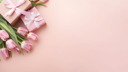 Top view photo of trendy gift boxes with ribbon bows and tulips on isolated pastel pink background with copyspace