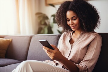 African american young woman using cellphone sitting in the living room - obrazy, fototapety, plakaty
