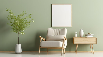 Stylish living room interior design  mock up poster frame frotte armchair wooden side table