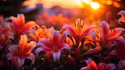 a field of vibrant orange lilies at sunset, wide shot, capturing the expanse of the field with a colorful sky in the background, feeling of tranquility and warmth, rich orange and purple hues