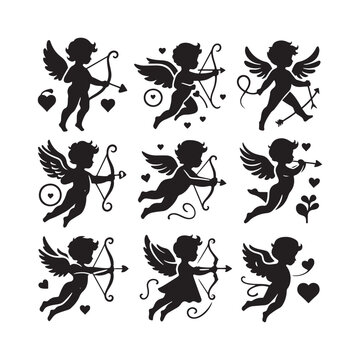 Ethereal Love Harmony: Valentine Cupid Silhouette in a Beautiful Stock Image - Valentine Vector - Cupid Vector
