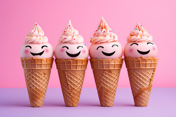 Four cute smiling cones of the icecream on the pink and violet background 