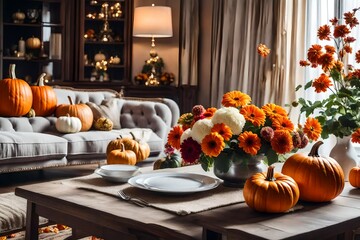 Obraz na płótnie Canvas Classic living room with sofa and table setting decorated with pumpkins and flowers beautiful view