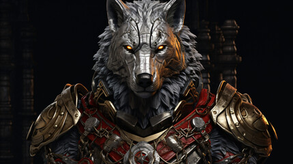  front portrait of Anthropomorphic wolf knight