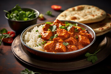 Close-up of Chicken tikka masala spicy curry meat food with rice and naan bread on the table - obrazy, fototapety, plakaty