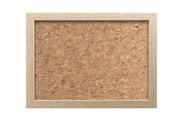 Empty brown cork board for info or memo in wooden frame isolated on white background.