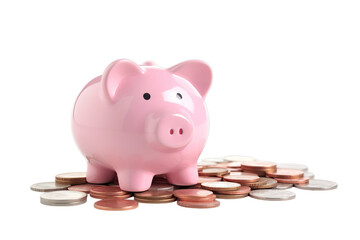  pink piggy bank with pile of coins , Isolated on transparent PNG background, Generative ai