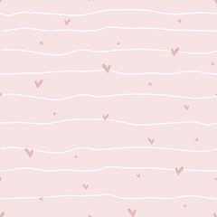 Striped seamless pattern with hearts. Romantic background with hand drawn lines and hearts. Minimalistic style in pastel colors. Cute design for Valentines Day greeting card, scrapbooking, paper goods © LindaAyu