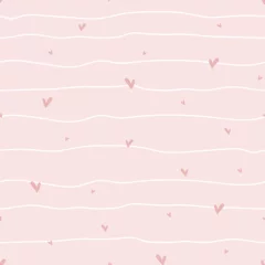 Striped seamless pattern with hearts. Romantic background with hand drawn lines and hearts. Minimalistic style in pastel colors. Cute design for Valentines Day greeting card, scrapbooking, paper goods © LindaAyu