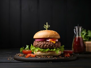 hamburger on black background ,burger on a plate