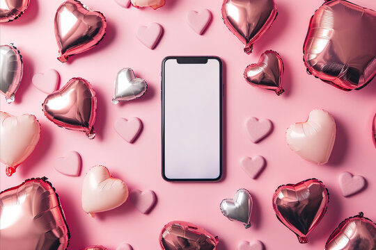 Flat Lay View Of A Mobile Phone Mockup Surrounded By Valentine Heart Shaped Balloons