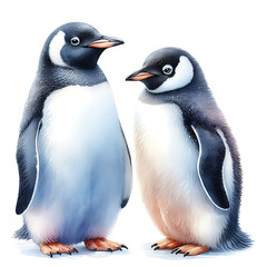 A delightful watercolor illustration showcasing the charm of two penguins waddling on a pristine white background. The playful strokes capture the endearing nature of these beloved Antarctic creatures