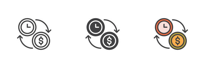 Clock and dollar coin different style icon set