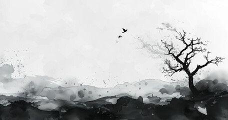 Abstract background with ink line decoration creates an artistic concept of landscape painting, conveying beauty in a unique visual expression.