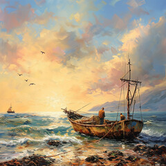 A mesmerizing sea landscape depicted in oil paintings, featuring fishermen, ships, and boats, capturing the essence of maritime life with artistic flair.