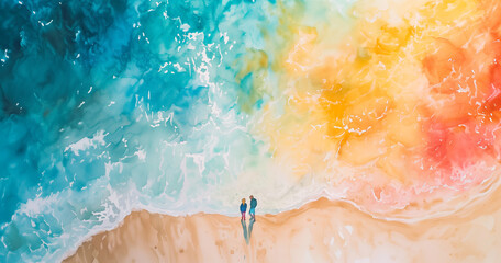 Top-view watercolor seascape, a burst of color portraying love and family joy in a vibrant and enchanting coastal scene
