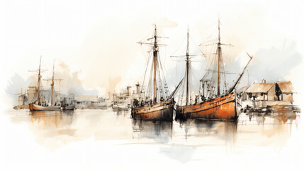 Rough sketch of fishing boats in a harbor