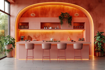 Kitchen with large window in peach fuzz shades of colors in frontal perspective