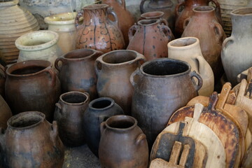 old ceramic pots and vases in the antic store in Turkey