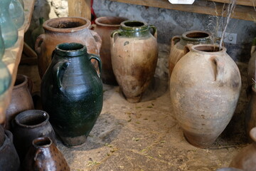 old ceramic pots and vases in the antic store in Turkey