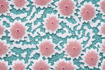 Floral background with embroidered volumetric flowers,
