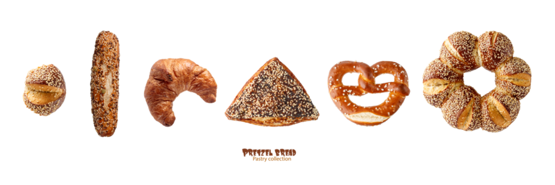 Pretzel bread. Different lye rolls and buns. Pastry set isolated on white