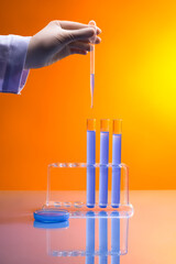 Professional scientist is dripping some liquid from a pipette to few test tubes displayed on a...