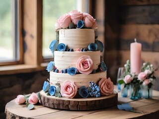 cake decorated with flowers, delecious wedding cake. - obrazy, fototapety, plakaty