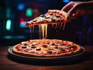 pizza in a pan ,pizza  in a restraunt ,tasty and delicious pizza with neon background