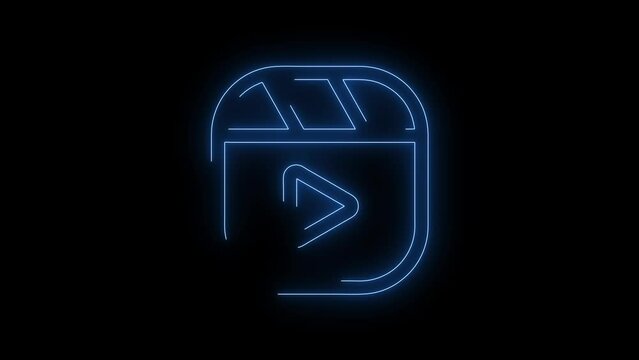 Video footage of Blue glowing Watch reels neon icon. Looped Neon Lines abstract on black background. Futuristic laser background. Seamless loop. 4k video