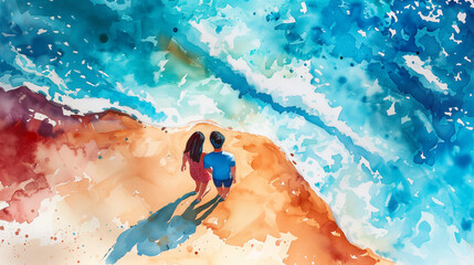 Top-view watercolor seascape, a burst of color portraying love and family joy in a vibrant and enchanting coastal scene.