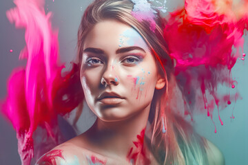 Young blonde woman stained with paint and painting falling into the background, ai generative