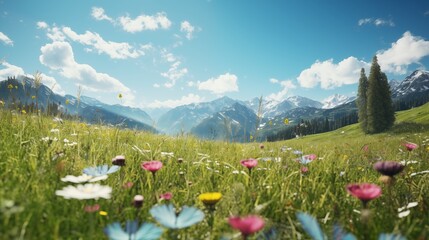 Beautiful alpine meadow on sunny day with wild flowers and snowy mountain peaks for hiking and travelling during vacation trip - obrazy, fototapety, plakaty