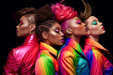 Fototapeta premium four female models with colorful jackets and hair with modern hairstyles, ai generative