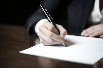 A person in formal attire is writing on white paper with a black pen, suggesting a professional or academic setting, ai generative