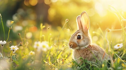 A cute rabbit hiding in the grass on a blooming spring meadow. AI generative