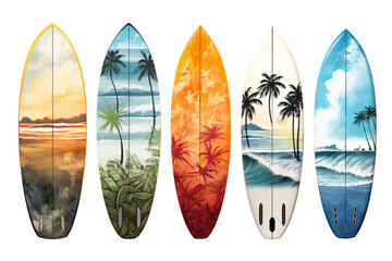 surfing boards with prints isolated on , Isolated on transparent PNG background, Generative ai - obrazy, fototapety, plakaty