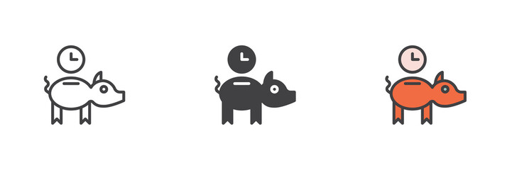 Piggy bank and clock different style icon set