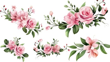 Fototapeta na wymiar Spring sakura cherry blooming flowers bouquet. Isolated realistic pink petals, blossom, branches, leaves vector set. Design spring tree illustration,generative ai