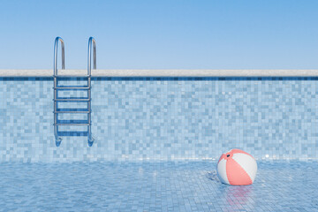 3D rendering of a beach ball near a pool ladder in an empty pool, concept of summer arrival and leisure. © Antonio Solano