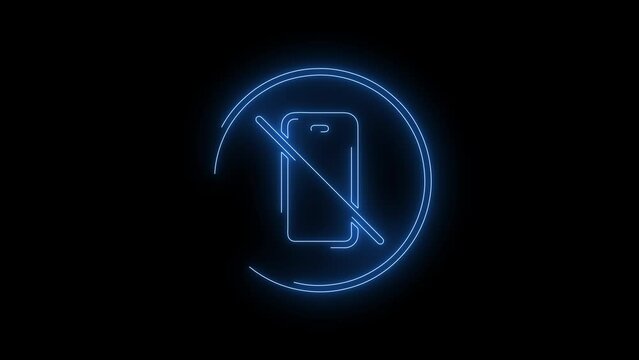 Video footage of Blue glowing No smartphone, turn off mobile phone neon icon. Looped Neon Lines abstract on black background. Futuristic laser background. Seamless loop. 4k video