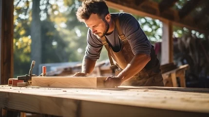 Foto op Plexiglas Portrait of young male carpenter work in the wood workshop © lelechka