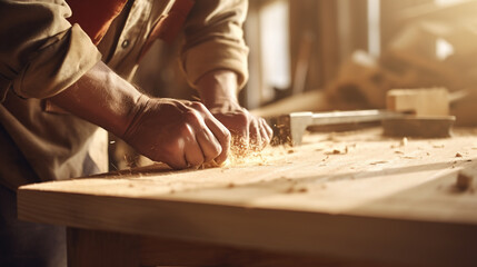 Fototapeta na wymiar Senior carpenter craftsman hands close up carving wood