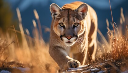 Obraz premium Close-Up of a Mountain Lion Cougar Walking Through a Field