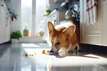 Foto op Aluminium corgi puppy nibbling on scattered food in sunlit kitchen, expressing curiosity - concept of pet care, animal behavior, and home life © Jim1786