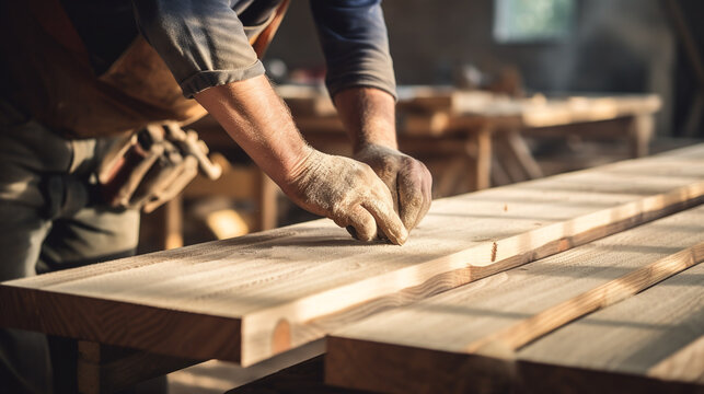 Carpenters hands working with wood in his carpentry workshop