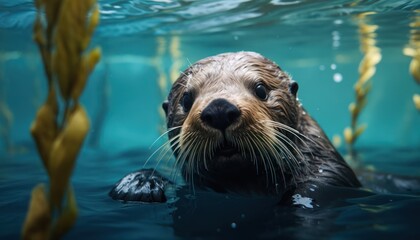 Sea Otter Swimming in Water, Graceful Mammal in Its Natural Habitat