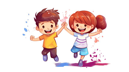 two cute happy children  colored powder, Isolated on transparent PNG background, Generative ai