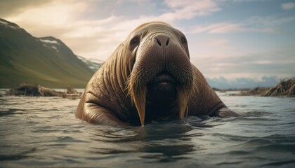 Walrus Swimming in Mountainous Body of Water